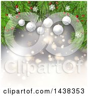 Poster, Art Print Of Christmas Background Of 3d Suspended Bauble Ornaments And Tree Branches Over Stars And Bokeh Flares