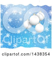 Poster, Art Print Of Christmas Background Of 3d Suspended Bauble Ornaments Blue With Snow And Snowflakes