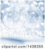 Clipart Of A 3d Winter Or Christmas Background Of A Snowy Landscape With Snowflakes And Flares On Blue Royalty Free Illustration
