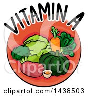 Clipart Of A Red Icon With Vitamin A Text And Food Royalty Free Vector Illustration