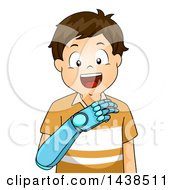 Poster, Art Print Of Happy Brunette White Boy Using A Bionic Prosthetic Arm