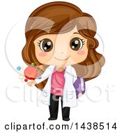 Poster, Art Print Of Happy Brunette White Girl Scientist Holding A Book And Atomic Model
