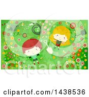 Clipart Of A Red Haired Boy And Blond Girl Laying On Grass Surrounded By Flowers And Garden Tools Royalty Free Vector Illustration