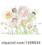 Poster, Art Print Of Group Of Sketched Children As Flowers In A Garden