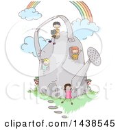 Clipart Of A Sketched Group Of Children Playing In And Around A Watering Can Royalty Free Vector Illustration
