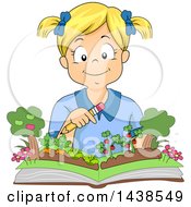 Poster, Art Print Of Happy Blond White Girl Reading A Popup Gardening Book