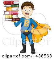 Clipart Of A Happy Super Brunette White Boy Holding A Stack Of Books Royalty Free Vector Illustration