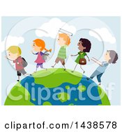 Clipart Of A Line Of School Children Walking On Planet Earth Royalty Free Vector Illustration