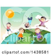 Poster, Art Print Of Group Of Happy Children Playing On Top Of A Globe