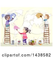Clipart Of A Group Of School Children Painting A Map On A Wall Royalty Free Vector Illustration