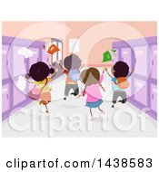 Poster, Art Print Of Rear View Of Happy School Children Jumping In A Hall
