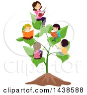 Poster, Art Print Of Female Teacher And Group Of School Children Reading On A Plant