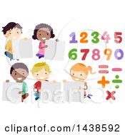 Poster, Art Print Of Group Of School Children Holding Blank Signs With Numbers And Math Symbols