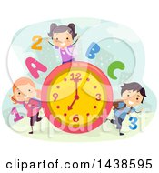 Group Of School Children With Numbers Letters And A Clock