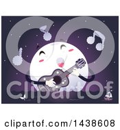 Poster, Art Print Of Moon Mascot Singing A Love Song And Strumming A Guitar Over The Ocean At Night