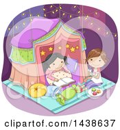 Happy Girls Sleeping In A Tent Under Fairy Lights