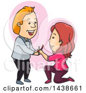 Cartoon White Woman Kneeling And Proposing To A Man Over A Heart