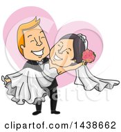 Poster, Art Print Of Cartoon White Male Groom Carrying His Asian Bride Over A Heart