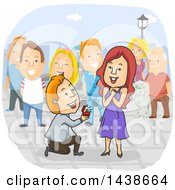 Cartoon White Man Kneeling And Proposing To A Woman With People Watching