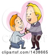 Poster, Art Print Of Cartoon White Gay Man Kneeling And Proposing To His Boyfriend Over A Heart