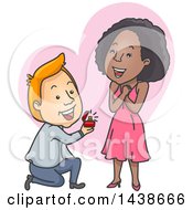 Poster, Art Print Of Cartoon White Man Kneeling And Proposing To A Black Woman Over A Heart