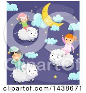 Poster, Art Print Of Group Of Children Riding Sheep In A Night Sky
