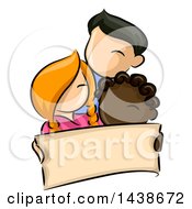 Clipart Of A Trio Of Racially Diverse Children Holding A Blank Banner Royalty Free Vector Illustration
