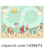 Clipart Of A Sketched Group Of School Children Growing Supplies In A Garden Royalty Free Vector Illustration