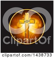 Poster, Art Print Of Festive Gold Cross With Christmas Holly And Stars In A Circle Of Flares On Black