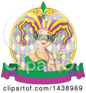 Poster, Art Print Of Mardi Gras Jester Woman Wearing Beads And A Mask In A Circle Over A Banner