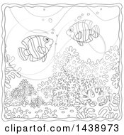 Clipart Of Black And White Lineart Banded Angelfish Over Corals Royalty Free Vector Illustration by Alex Bannykh