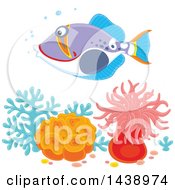 Clipart Of A Humu Picasso Triggerfish Over Corals And Anemones Royalty Free Vector Illustration