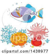 Poster, Art Print Of Cartoon Humu Picasso Triggerfish Swimming Over Corals And Anemones