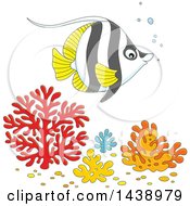 Poster, Art Print Of Cartoon Black White And Yellow Angelfish Over Corals