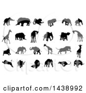 Poster, Art Print Of Black Silhouetted African Animals Elephants Rhinos Lions And Giraffes