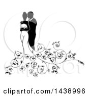 Clipart Of A Black And White Silhouetted Posing Wedding Couple With Swirls Royalty Free Vector Illustration