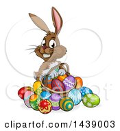 Clipart Of A Cartoon Happy Brown Easter Bunny Rabbit With A Basket And Eggs Royalty Free Vector Illustration