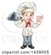 Poster, Art Print Of Cartoon Full Length Happy White Female Chef Holding A Cloche Platter And Gesturing Ok