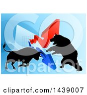 Silhouetted Bear Vs Bull Stock Market Design With Arrows Over A Graph