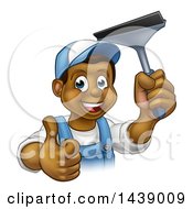 Poster, Art Print Of Cartoon Happy Black Male Window Cleaner In Blue Giving A Thumb Up And Holding A Squeegee