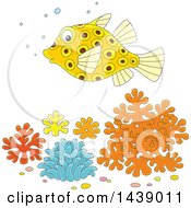 Poster, Art Print Of Cartoon Puffer Blow Fish Over Corals