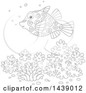 Poster, Art Print Of Cartoon Black And White Lineart Puffer Blow Fish Over Corals