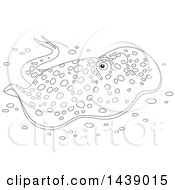 Poster, Art Print Of Cartoon Black And White Lineart Bluespotted Stingray Swimming