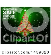 Clipart Of A Promotional Christmas Sale Design With A Tree Made Of Discount Numbers Over Green With Snowflakes Royalty Free Illustration