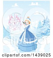 Poster, Art Print Of Princess In A Winter Landscape Holding A Bird With Castle In The Background