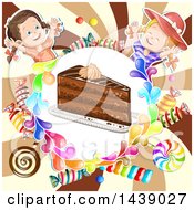 Poster, Art Print Of Slice Of Cake In A Circle Of Candy With Two Girls Over A Swirl