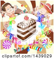 Clipart Of A Cake In A Circle Of Candy With Two Girls Over A Swirl Royalty Free Vector Illustration by merlinul