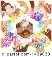 Poster, Art Print Of Cake In A Circle Of Candy With Two Girls Over A Swirl