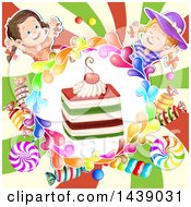 Clipart Of A Cake In A Circle Of Candy With Two Girls Over A Swirl Royalty Free Vector Illustration