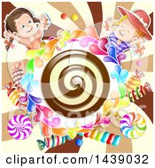 Poster, Art Print Of Chocolate Spiral In A Circle Of Candy With Two Girls Over A Swirl